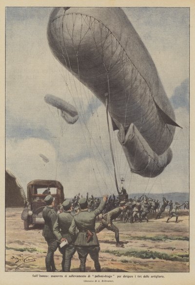 Am Isonzo, Manöver zur Hebung von Drachenballons zur Steuerung des Artilleriefeuers von Achille Beltrame
