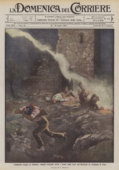 Tragisches Gewitter in Brianza, tödliche Blitzeinschläge auf den Ruinen des Turms von Broncino in der Nähe von Erba von Achille Beltrame