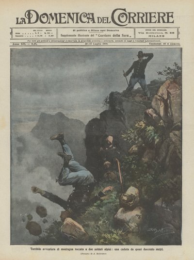 Schreckliches Bergabenteuer zweier Alpensoldaten, ein Sturz aus fast zweihundert Metern Höhe von Achille Beltrame