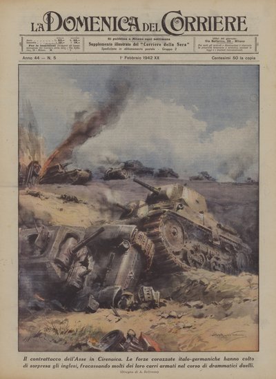 Der Gegenangriff der Achsenmächte in der Cyrenaica (Farblithografie) von Achille Beltrame