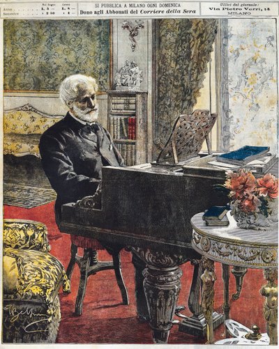 Der italienische Komponist Giuseppe Verdi in seinem Arbeitszimmer, Platte von Achille Beltrame (1871-1945), La Domenica del Corriere, 8. Oktober von Achille Beltrame
