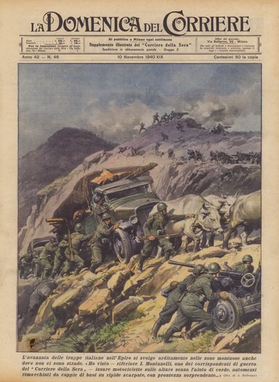 Der Vormarsch italienischer Truppen in Epirus erfolgt kühn in bergigen Gebieten, selbst dort, wo es keine Straßen gibt (Farblitho) von Achille Beltrame