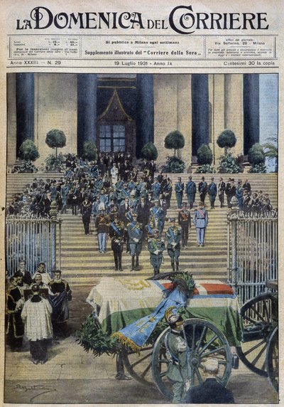 Der Segen der sterblichen Überreste des Herzogs von Aosta in Turin, nachdem der Trauerzug die ganze Stadt durchquert hatte - Zeichnung von A. Beltrame in „la Domenica del Corriere“ vom 19.07.1931 von Achille Beltrame