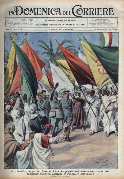 Der Duce Benito Mussolini auf einer Reise nach Libyen wird von der Menge begrüßt. Illustration von Achille Beltrame in 