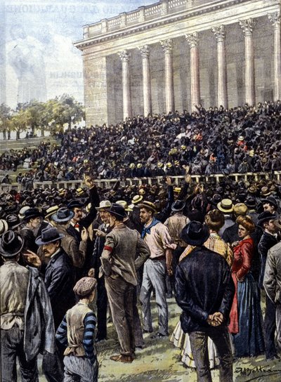 Der Generalstreik in Mailand: Tausende von Arbeitern versammelten sich in der Arena. Ill. von A. Beltrame. "La Domenica del Corriere" von Achille Beltrame