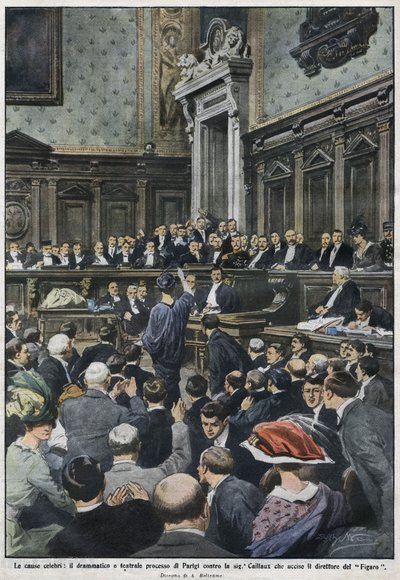 Der große Prozess: der große Prozess in Paris von Madame Caillaux, die den Direktor des Figaro ermordete. „La Domenica del Corriere“, 22. bis 29. November 1914. von Achille Beltrame