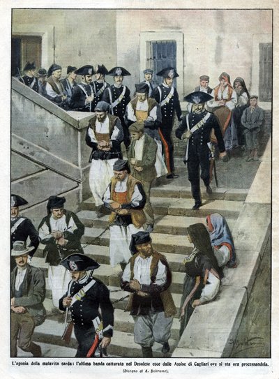 Die letzte Bande sardischer Verbrecher, als sie das Schwurgericht in Cagliari verlassen, wo der Prozess stattfindet. Illustration von Beltrame. La Domenica del Corriere. 07/1913. von Achille Beltrame