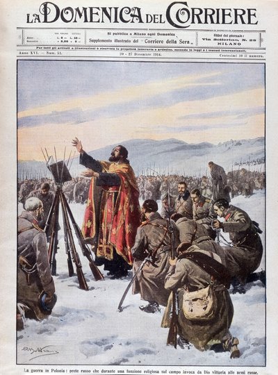 Der Krieg in Polen, ein russischer Priester ruft Gott an, um der russischen Armee auf dem Schlachtfeld zu helfen. Titelseite von „La Domenica del Corriere“ vom 20. bis 27. Dezember 1914. von Achille Beltrame