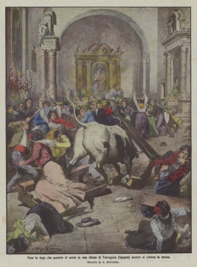 Flüchtiger Stier stürmt in eine Kirche in Tarragona (Spanien) während der Messe von Achille Beltrame