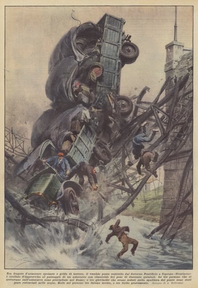 Unter dem Lärm zerbrechender Rüstungen und Schreien des Terrors stürzte die alte Brücke, die von der Regierung... von Achille Beltrame