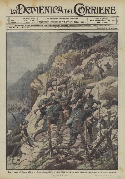 Zwischen den Gipfeln von Monte Chiesa und Monte Campigoletti (über 2000 Meter) durchbrechen die Alpini drei von Achille Beltrame