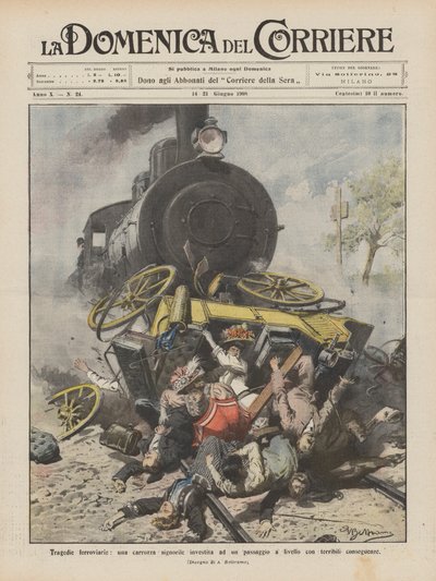 Eisenbahntragödien, eine herrschaftliche Kutsche wird an einem Bahnübergang erfasst mit schrecklichen Folgen von Achille Beltrame
