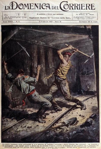 Zwei französische und portugiesische Bergleute kämpfen mit ihren Äxten in einer Galerie wegen einer Liebesgeschichte - Zeichnung von A. Beltrame, in „La Domenica del Corriere“ vom 1. Februar von Achille Beltrame