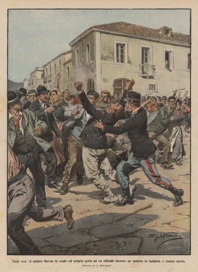 Bescheidene Helden, Soldat Barone schützt einen Offizier mit seinem eigenen Körper während eines Tumults von Achille Beltrame