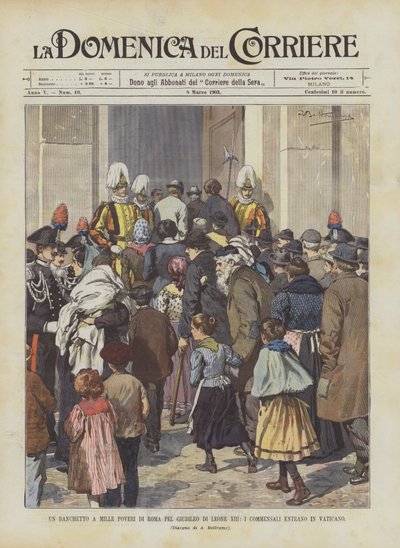 Ein Bankett für tausend Arme in Rom zum Jubiläum von Leo XIII., die Gäste betreten den Vatikan von Achille Beltrame