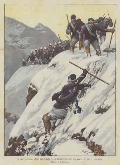 Ein Hauptmann der Alpini stürzt während eines Marsches auf dem Monte Telegrafo in eine Schlucht von Achille Beltrame