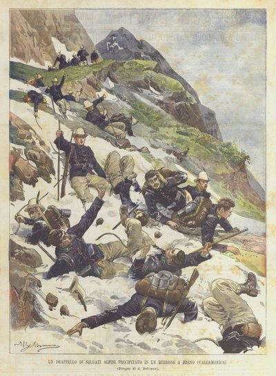 Eine Gruppe von Alpinsoldaten stürzt in eine Schlucht in Breno (Valcamonica) von Achille Beltrame