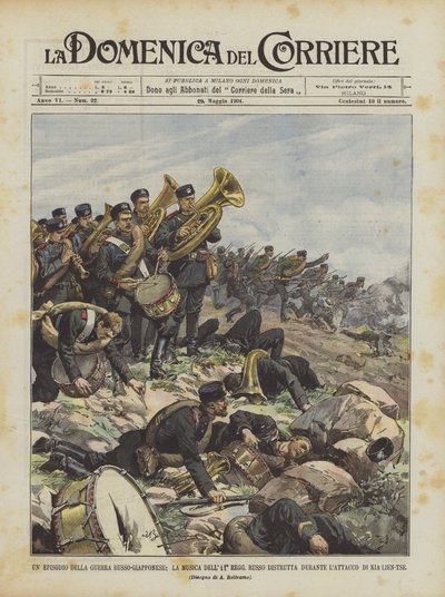 Ein Vorfall im Russisch-Japanischen Krieg, die Musik des 11. russischen Regiments zerstört von Achille Beltrame