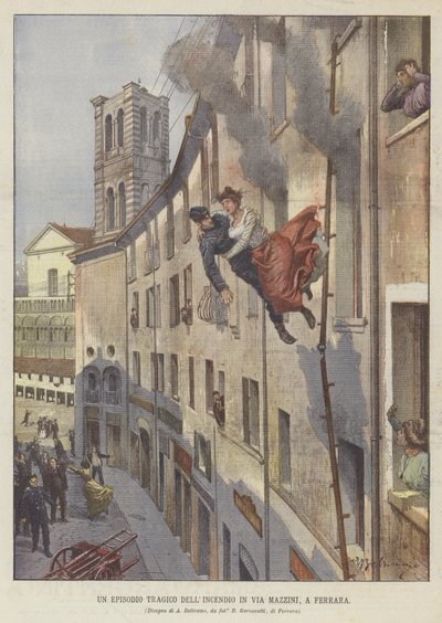 Ein tragisches Ereignis des Brandes in der Via Mazzini in Ferrara von Achille Beltrame