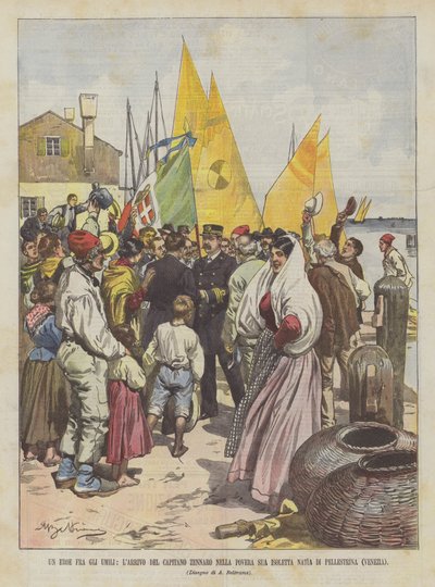 Ein Held unter den Demütigen, die Ankunft von Kapitän Zennaro in seiner armen Heimatinsel Pellestrina (Venedig) von Achille Beltrame