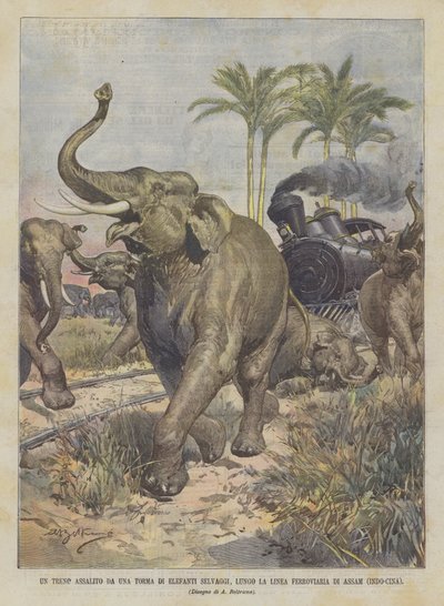 Ein Zug von einer Herde wilder Elefanten entlang der Eisenbahnlinie von Assam (Indochina) angegriffen von Achille Beltrame