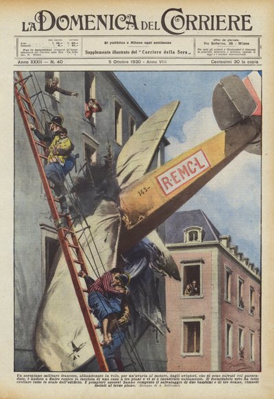 Ein französisches Militärflugzeug, das im Flug wegen eines Motorschadens von den Fliegern verlassen wurde von Achille Beltrame