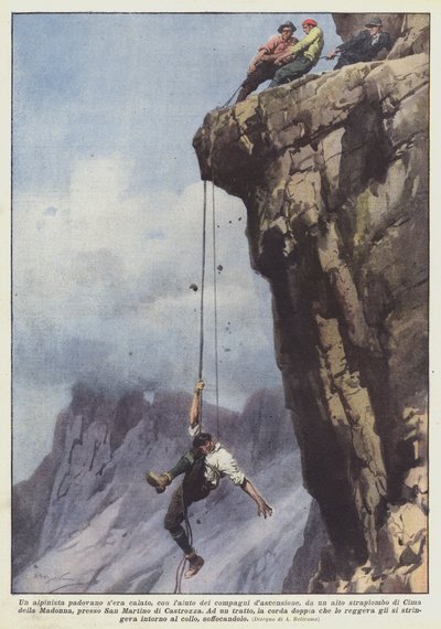 Ein Bergsteiger aus Padua wurde mit Hilfe seiner Begleiter von einem hohen Abgrund abgeseilt? von Achille Beltrame