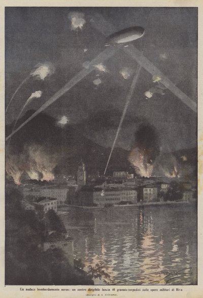 Ein kühner Luftangriff, unser Luftschiff wirft 40 Granaten-Torpedos auf die militärischen Anlagen von Riva von Achille Beltrame