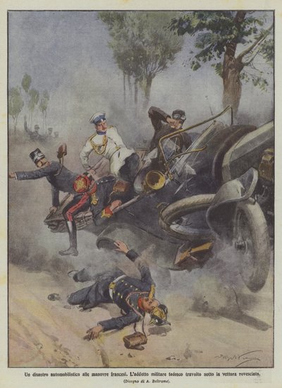 Ein Autounfall bei den französischen Manövern, der deutsche Militärattaché unter dem umgestürzten Fahrzeug von Achille Beltrame