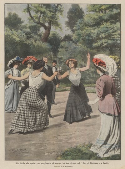 Ein Duell mit dem Schwert, mit Blutvergießen, zwischen zwei Damen im Bois de Boulogne in Paris von Achille Beltrame