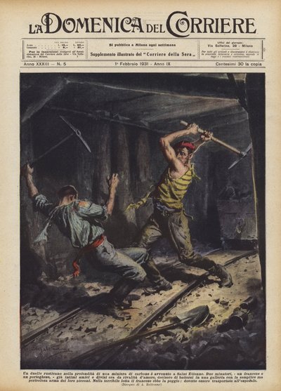 Ein rustikales Duell in der Tiefe einer Kohlenmine fand in Saint Etienne statt von Achille Beltrame