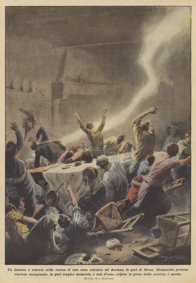 Ein Blitz schlug in die Küche eines Bauernhauses in Asciano, in der Nähe von Siena, ein von Achille Beltrame