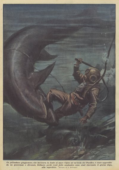 Ein japanischer Taucher, der am Meeresgrund in der Nähe einer Pazifikinsel arbeitete von Achille Beltrame