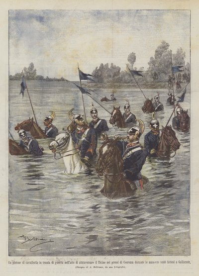 Ein Kavallerieplatoon in Kriegsaufstellung beim Überqueren des Ticino in der Nähe von Achille Beltrame