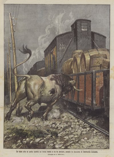 Ein Stier wirft sich gegen einen Güterzug und bringt ihn zum Entgleisen, bei der Station Belmonte Calabro von Achille Beltrame