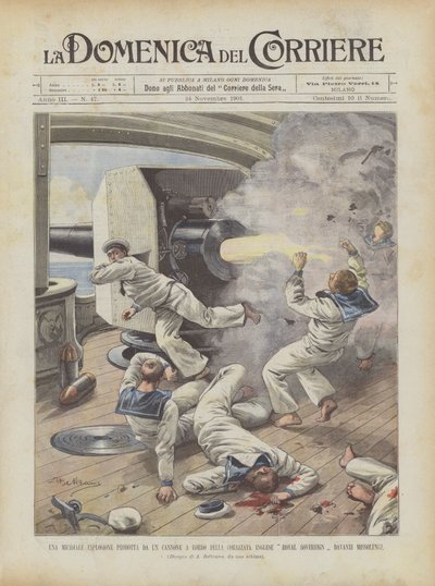 Eine tödliche Explosion durch eine Kanone an Bord des britischen Schlachtschiffs Royal Sovereign vor Missolungi von Achille Beltrame