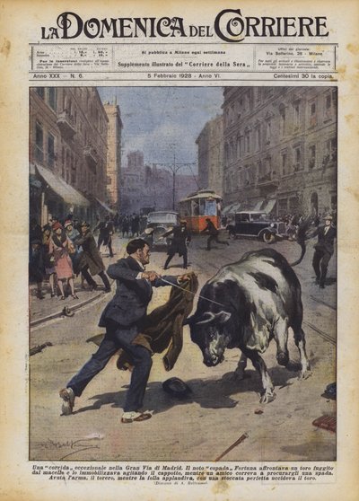Ein außergewöhnlicher Stierkampf in der Gran Via von Madrid von Achille Beltrame
