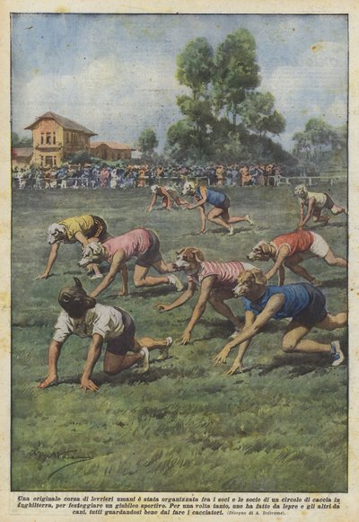 Ein originelles Rennen menschlicher Windhunde wurde unter den Mitgliedern eines Clubs organisiert... von Achille Beltrame