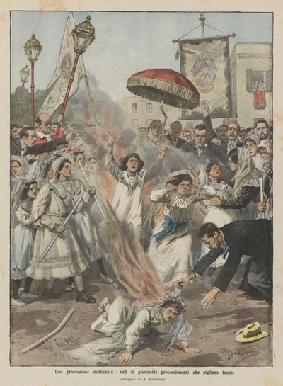 Eine unglückliche Prozession, Schleier von jungen Mädchen in der Prozession fangen Feuer von Achille Beltrame