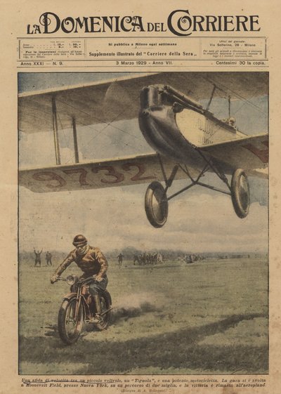 Ein Geschwindigkeitswettbewerb zwischen einem kleinen Flugzeug, einer Motte und einem leistungsstarken Motorrad von Achille Beltrame