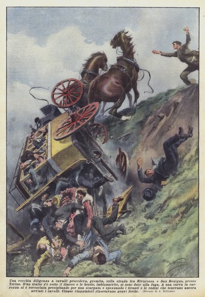Eine alte Pferdekutsche fuhr voll besetzt auf der Straße zwischen Rivarossa und San Benigno, bei Turin von Achille Beltrame