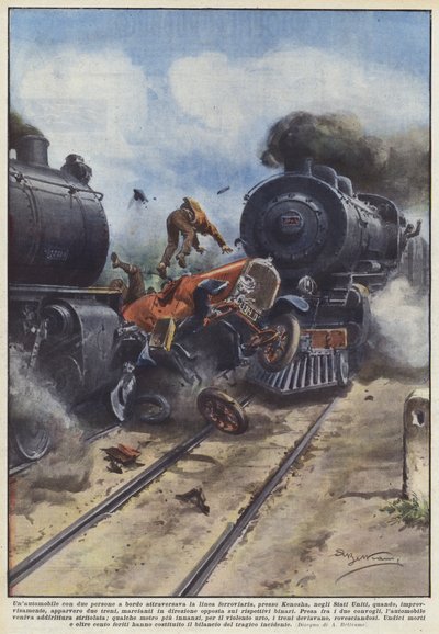 Ein Auto mit zwei Personen an Bord überquerte die Eisenbahnlinie bei Kenosha von Achille Beltrame
