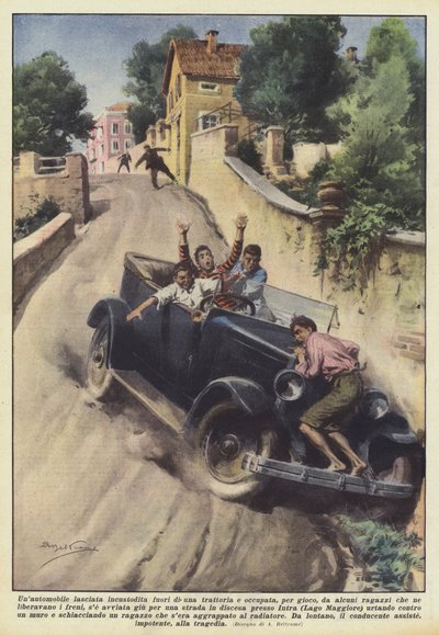 Ein unbeaufsichtigtes Auto vor einer Trattoria wurde von einigen Jungen zum Spaß besetzt? von Achille Beltrame