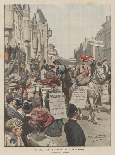 Ein seltsamer Zug von Suffragetten durch die Straßen von London von Achille Beltrame