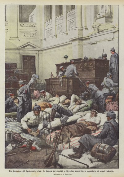 Schändlicher Gebrauch des belgischen Parlaments, die Abgeordnetenkammer in Brüssel in ein Schlaflager umgewandelt von Achille Beltrame