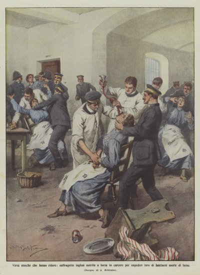Heroische Tugenden, die zum Lachen bringen, englische Suffragetten werden im Gefängnis zwangsernährt, um sie daran zu hindern von Achille Beltrame