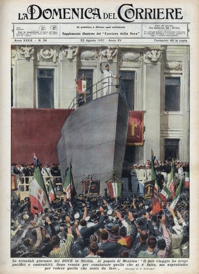 Besuch des Herzogs Benito Mussolini in Messina während einer Reise nach Sizilien. Illustration von Achille Beltrame in 