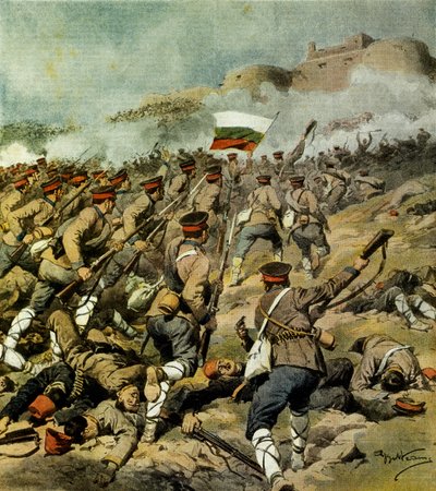 Krieg der fünf Nationen, bulgarische Armee rückt auf Adrianopel vor und erobert Kirk Kilisse und beeindruckende militärische Beute, Illustration von Achille Beltrame, 3. November 1912 von Achille Beltrame