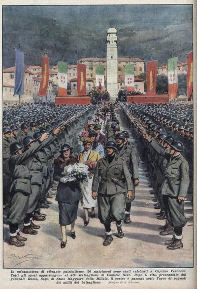 Hochzeitszeremonie von Mitgliedern der Schwarzhemden (camicie nere) in Caprino Veronese in Venetien. Illustration von Achille Beltrame in 