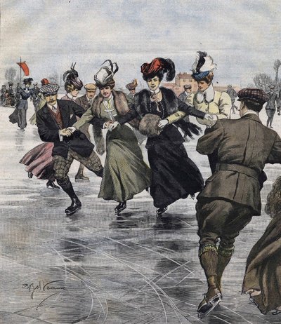 Wintervergnügen. Schlittschuhläufer. Illustration von Achille Beltrame im Jahr 1907. von Achille Beltrame